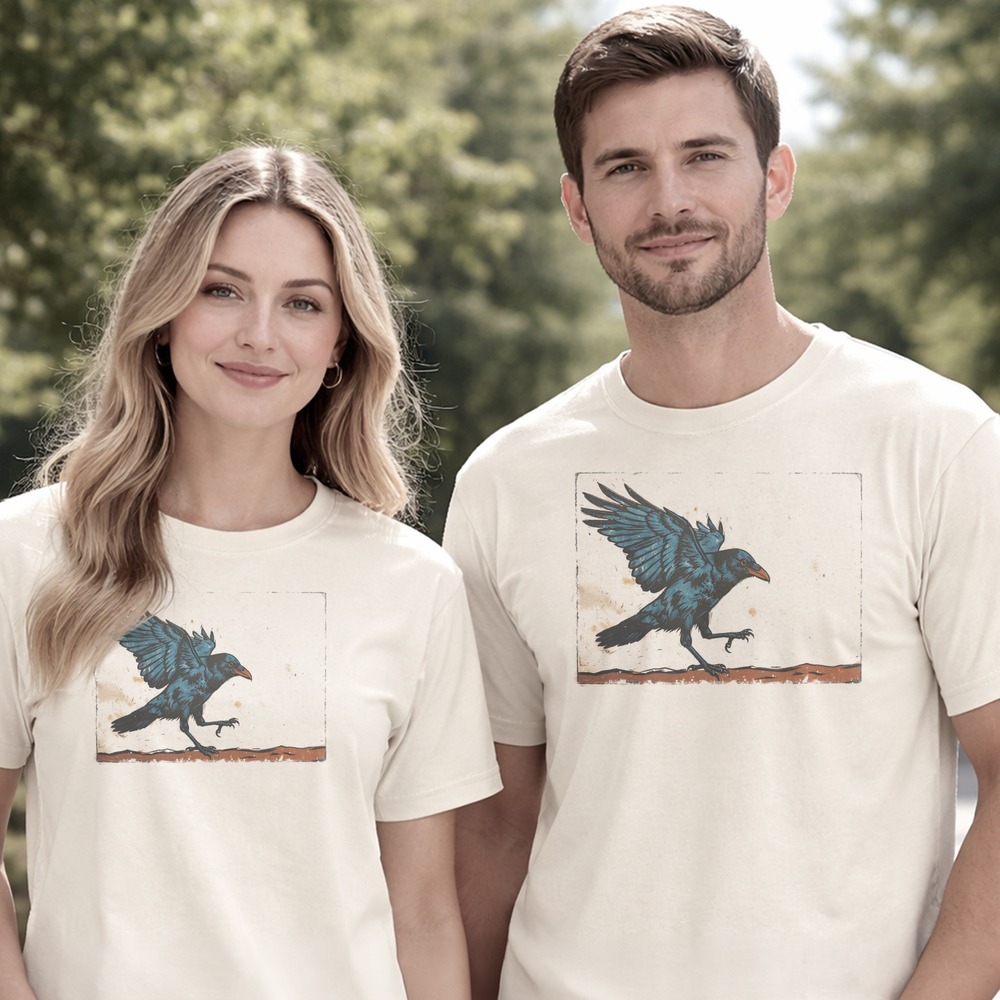 Raven Striding Bold Against a Foxed Ivory Ground Tee